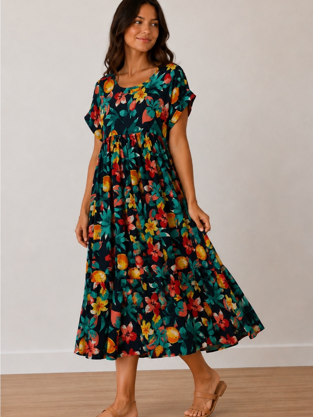 Tropical Fruit Print Tiered Midi Dress ULTIMATE SUMMER Size M - Picture 2 of 15